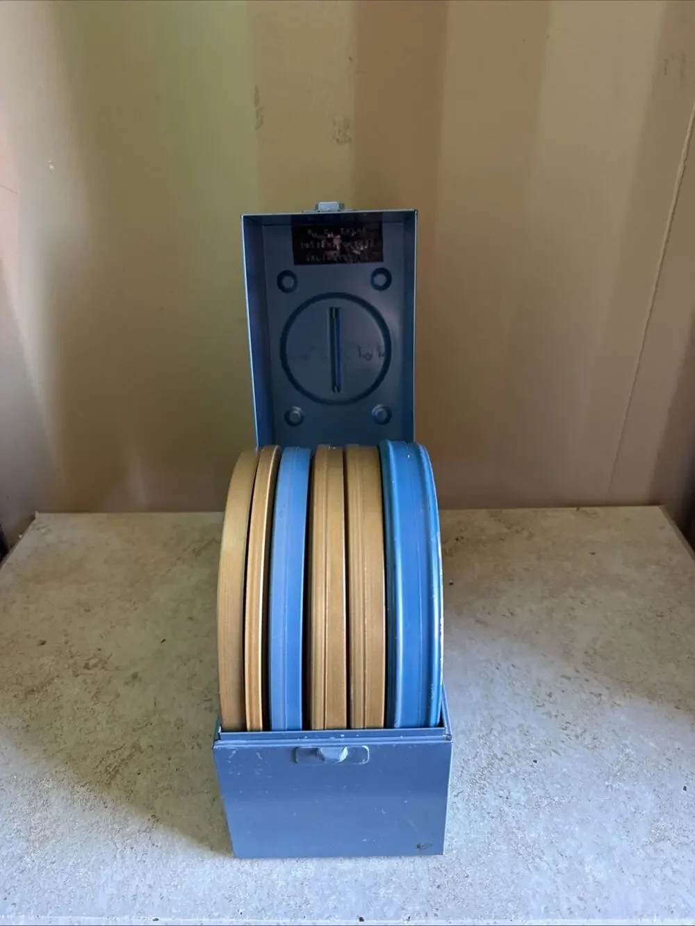 Vintage Compco Film Carrying Case with Reels and Tins Blue & Gold 7.875x7.5x4.4”
